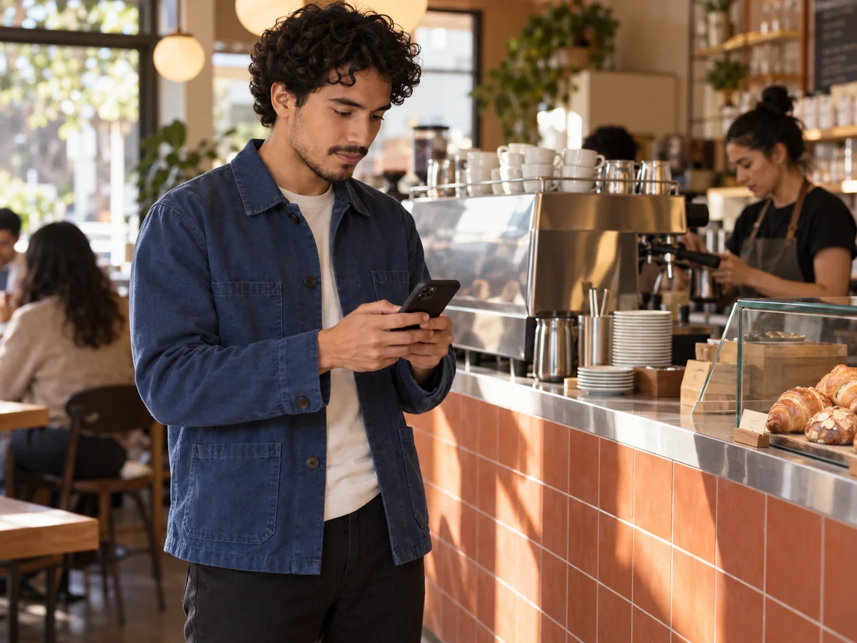 A customer standing beside a cafe counter, looking at his phone while waiting for coffee.