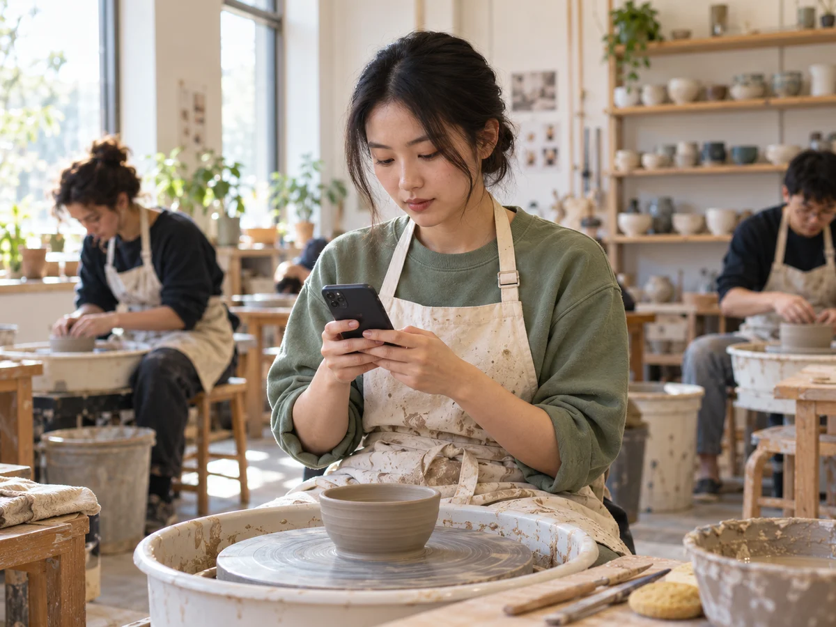 A person looking at her phone before beginning a pottery class, seated beside a clay bowl on a pottery wheel.