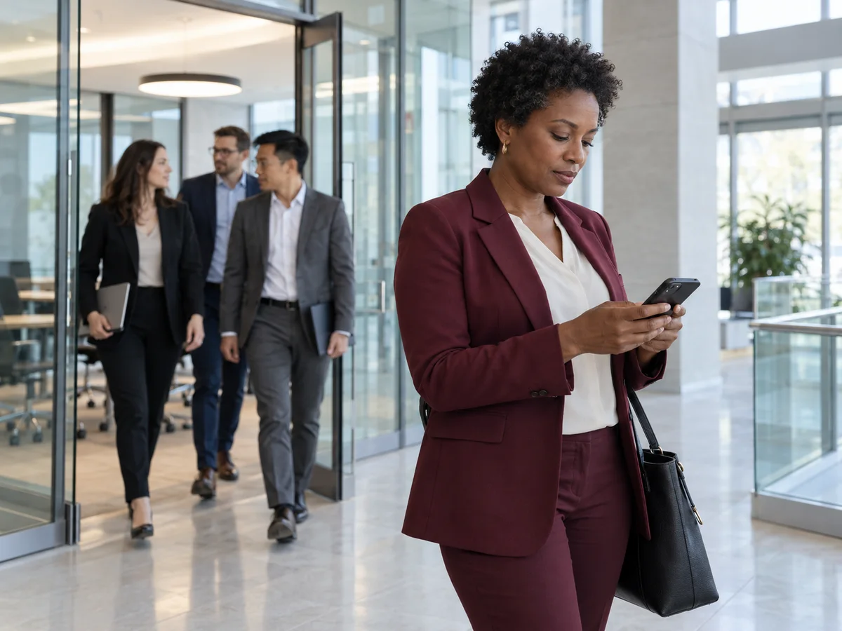 A woman looking at her phone beside coworkers leaving a glass-walled meeting room.